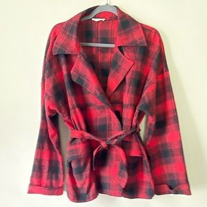 Anthropologie Chrysanthemum Buffalo Plaid Belted Lightweight Jacket Blazer